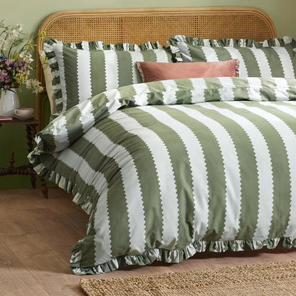Bay Green-Mist - Pack Shot - Wylder Birdie Ruffles Stripe Duvet Cover Set