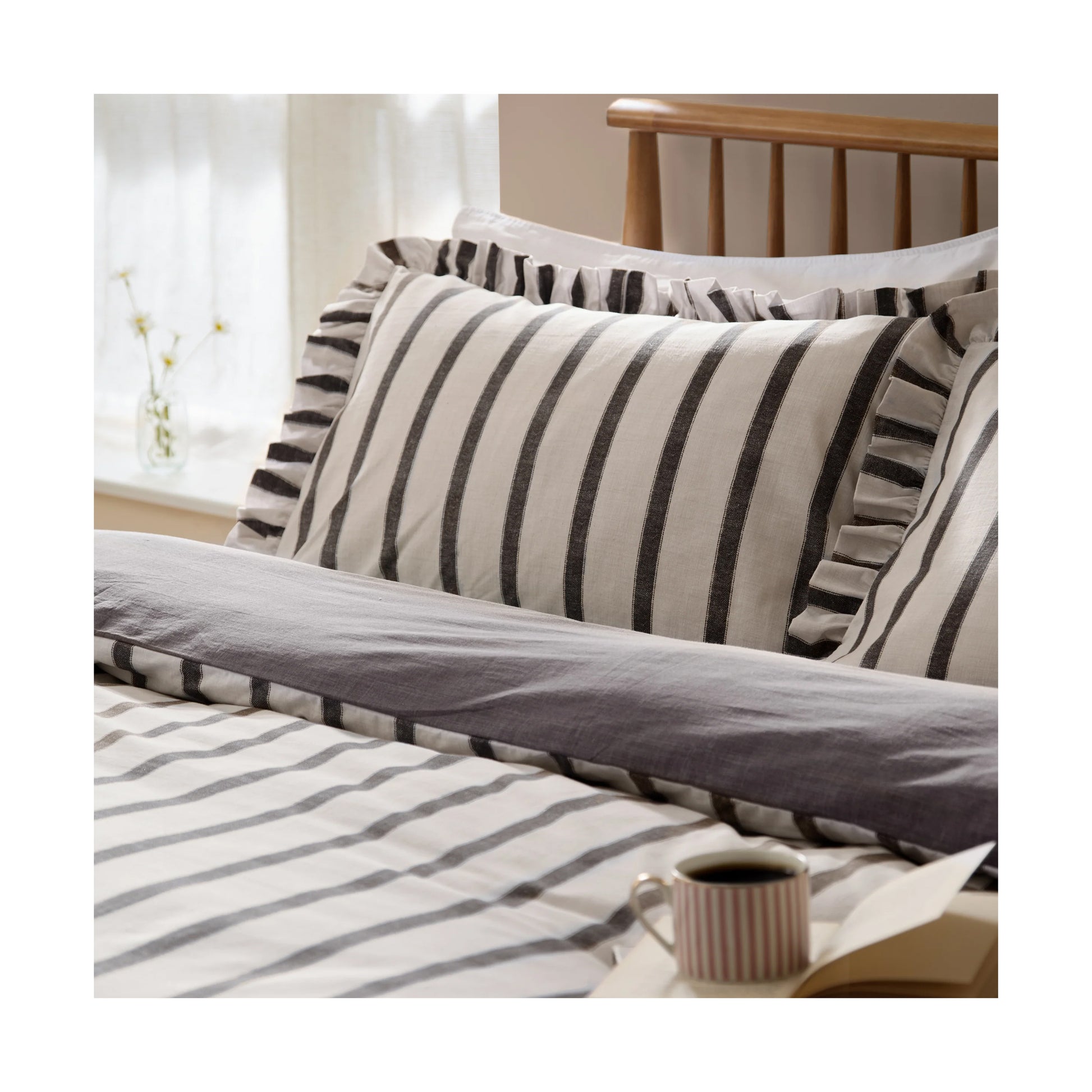 Chocolate - Back - Wylder Connie Ruffles Striped Duvet Cover Set