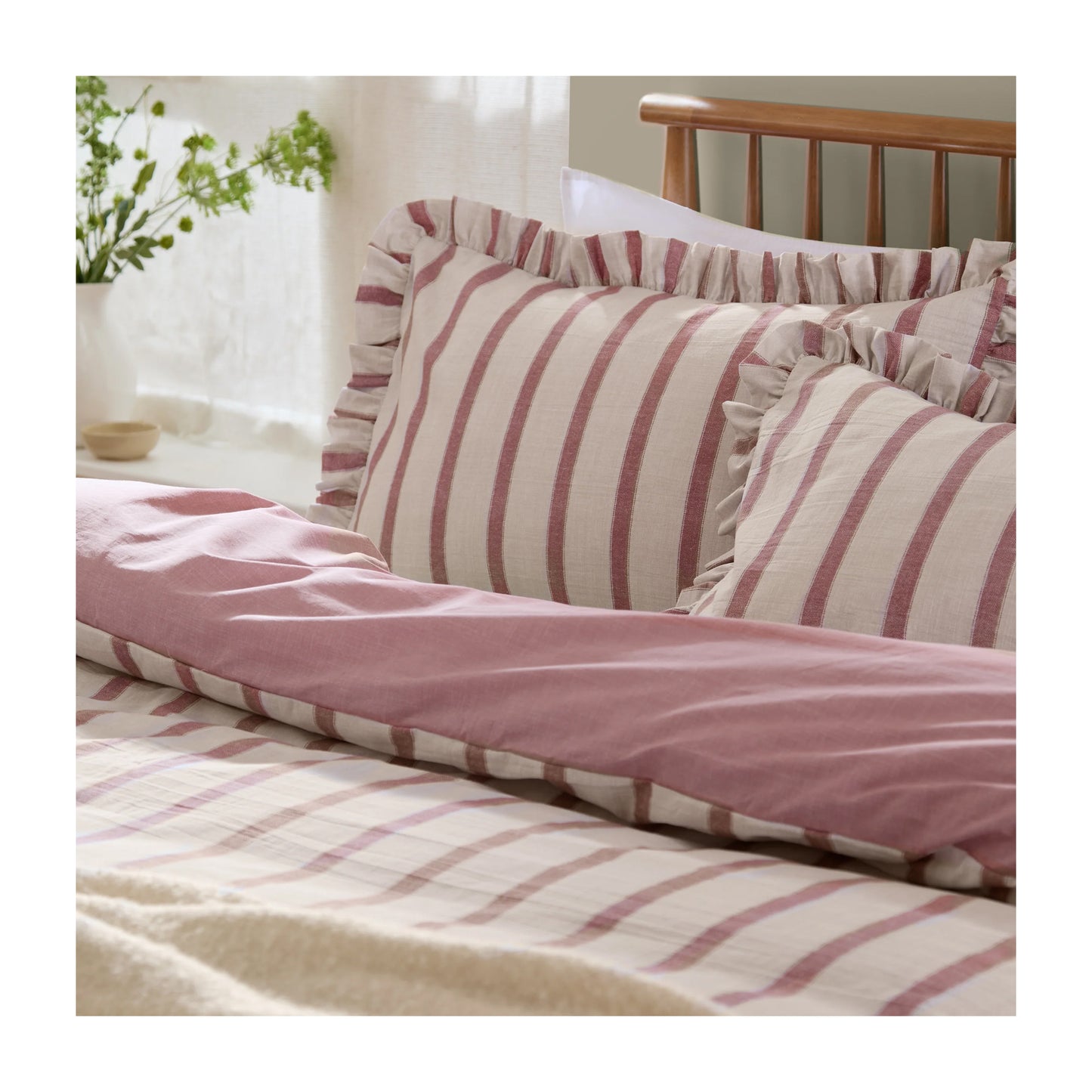 Clay-Pink - Back - Wylder Connie Ruffles Striped Duvet Cover Set