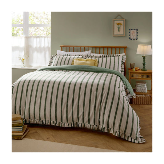 Moss - Front - Wylder Connie Ruffles Striped Duvet Cover Set
