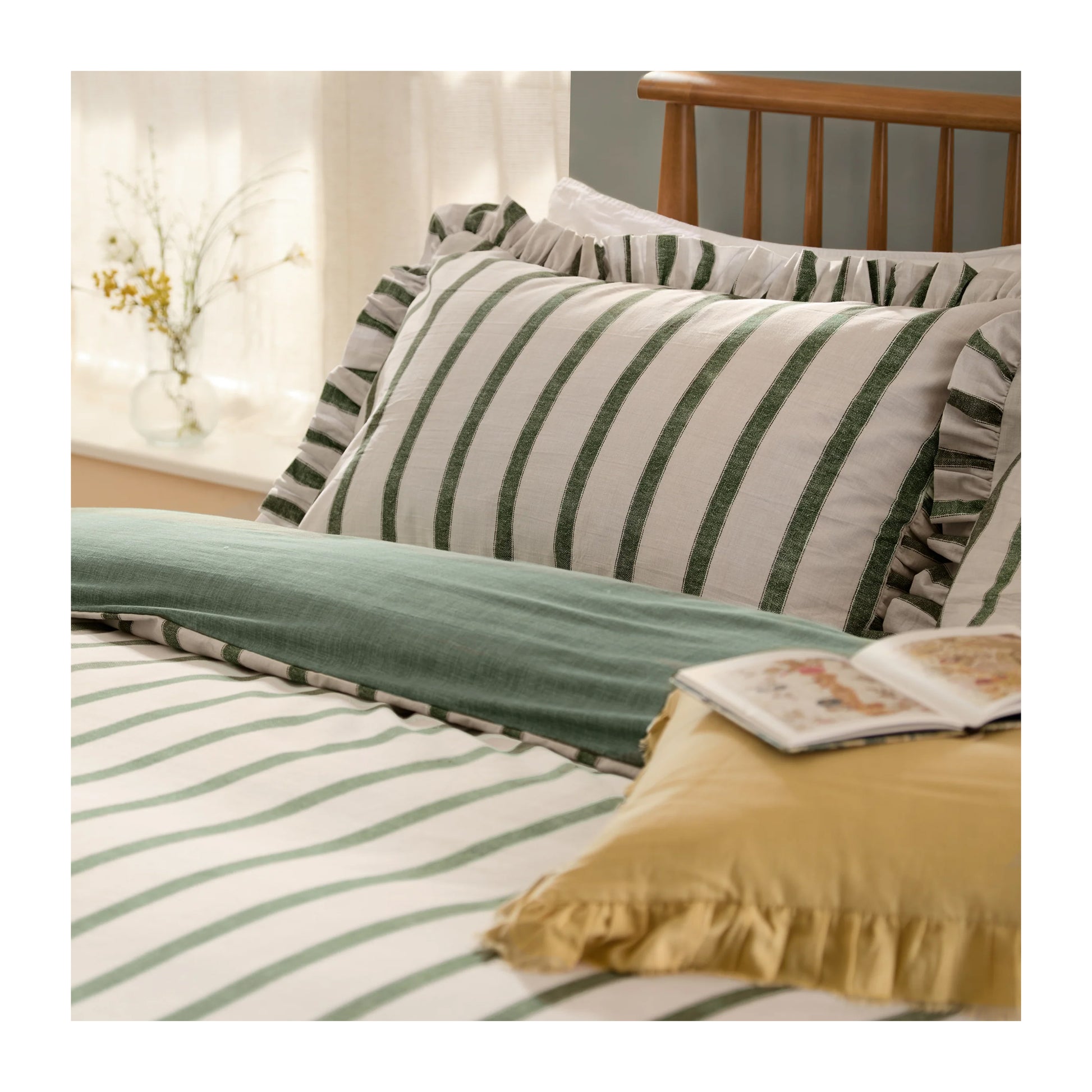 Moss - Back - Wylder Connie Ruffles Striped Duvet Cover Set