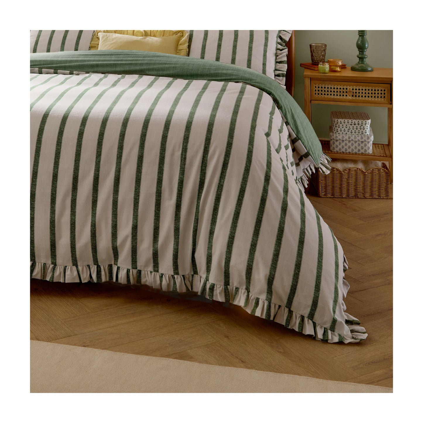 Moss - Side - Wylder Connie Ruffles Striped Duvet Cover Set
