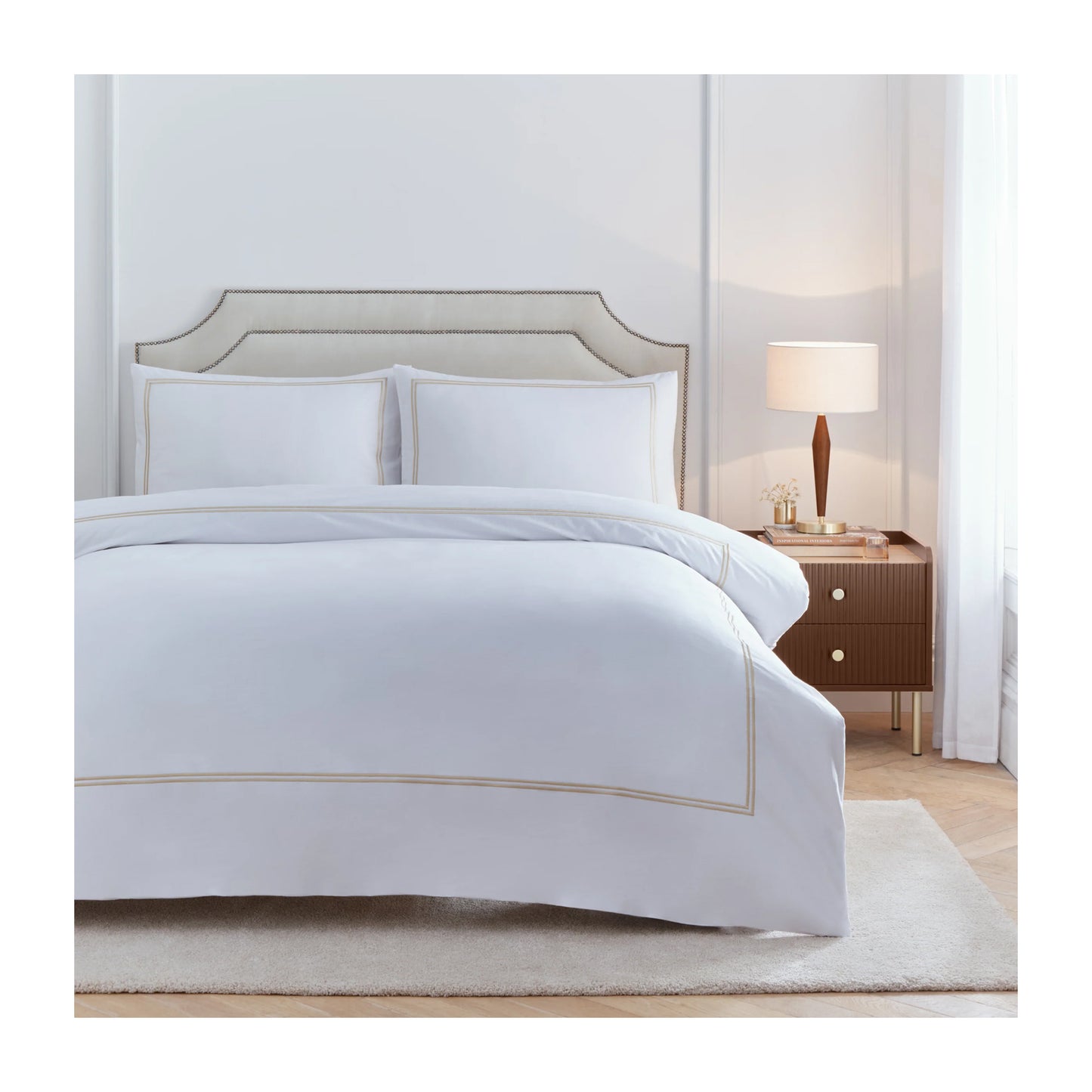 Champagne - Front - Paoletti Elara Reversible Cotton Embroidered Duvet Cover Set