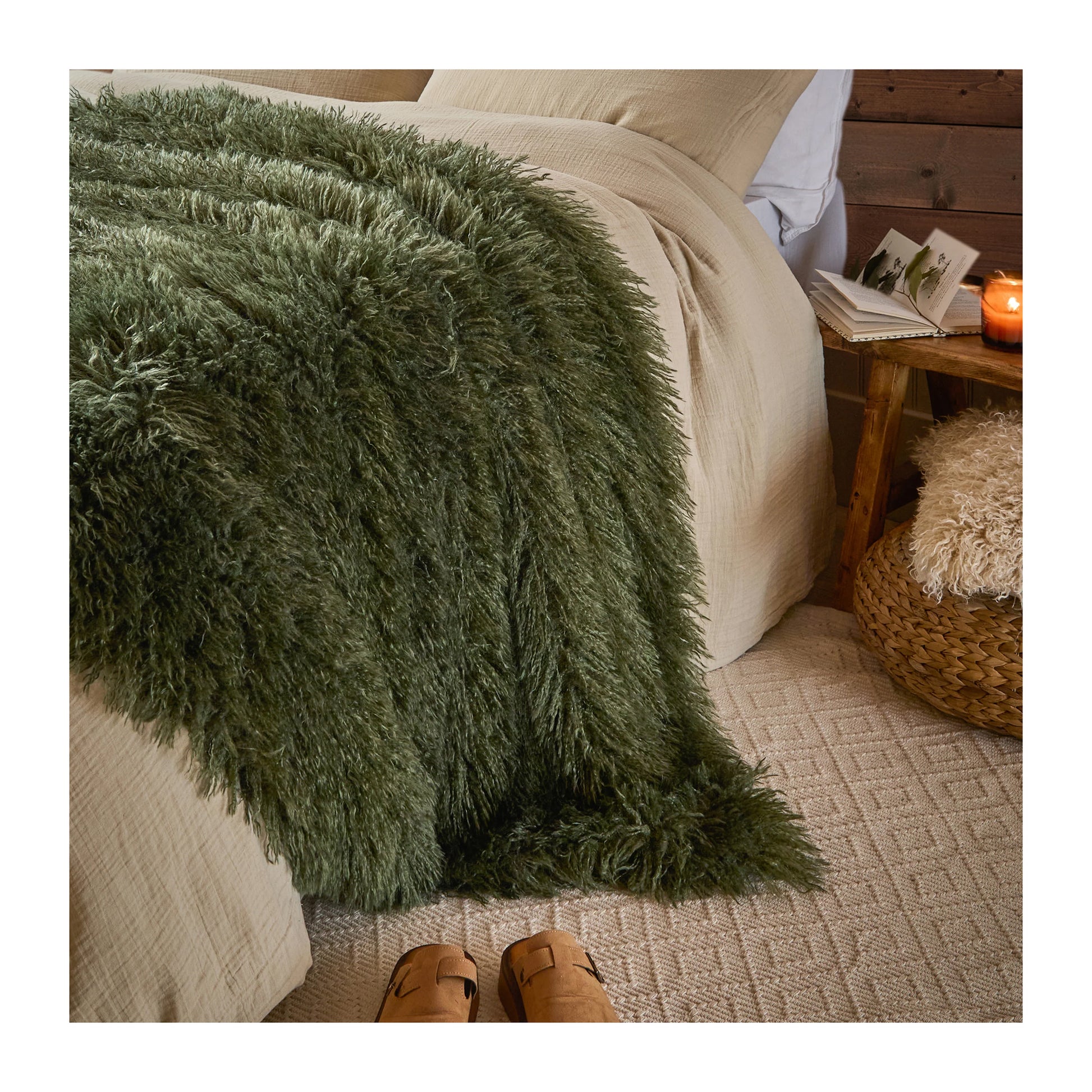 Khaki Green - Back - Furn Rowan Faux Fur Throw