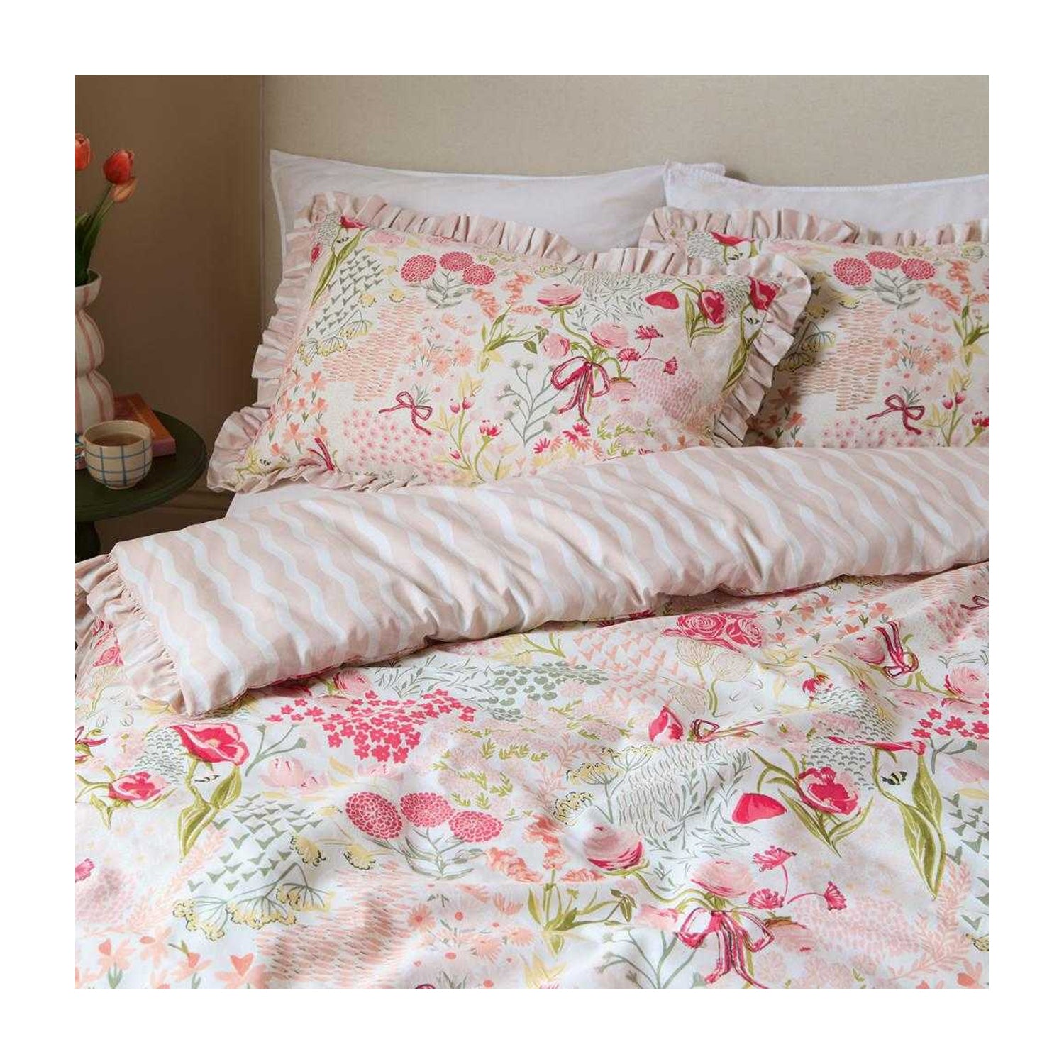 Pink - Back - Furn Gardenia Reversible Ruffled Duvet Cover Set
