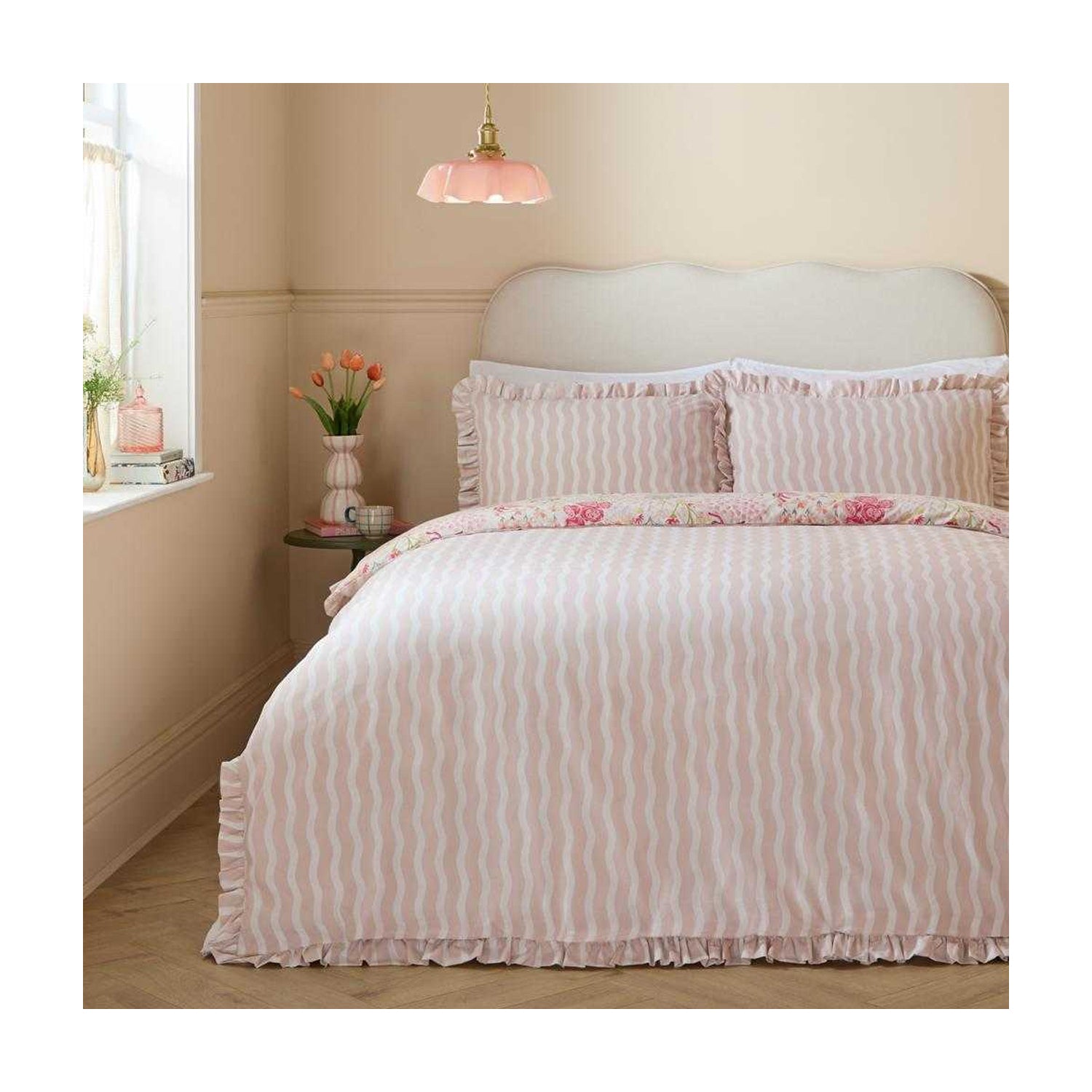 Pink - Side - Furn Gardenia Reversible Ruffled Duvet Cover Set