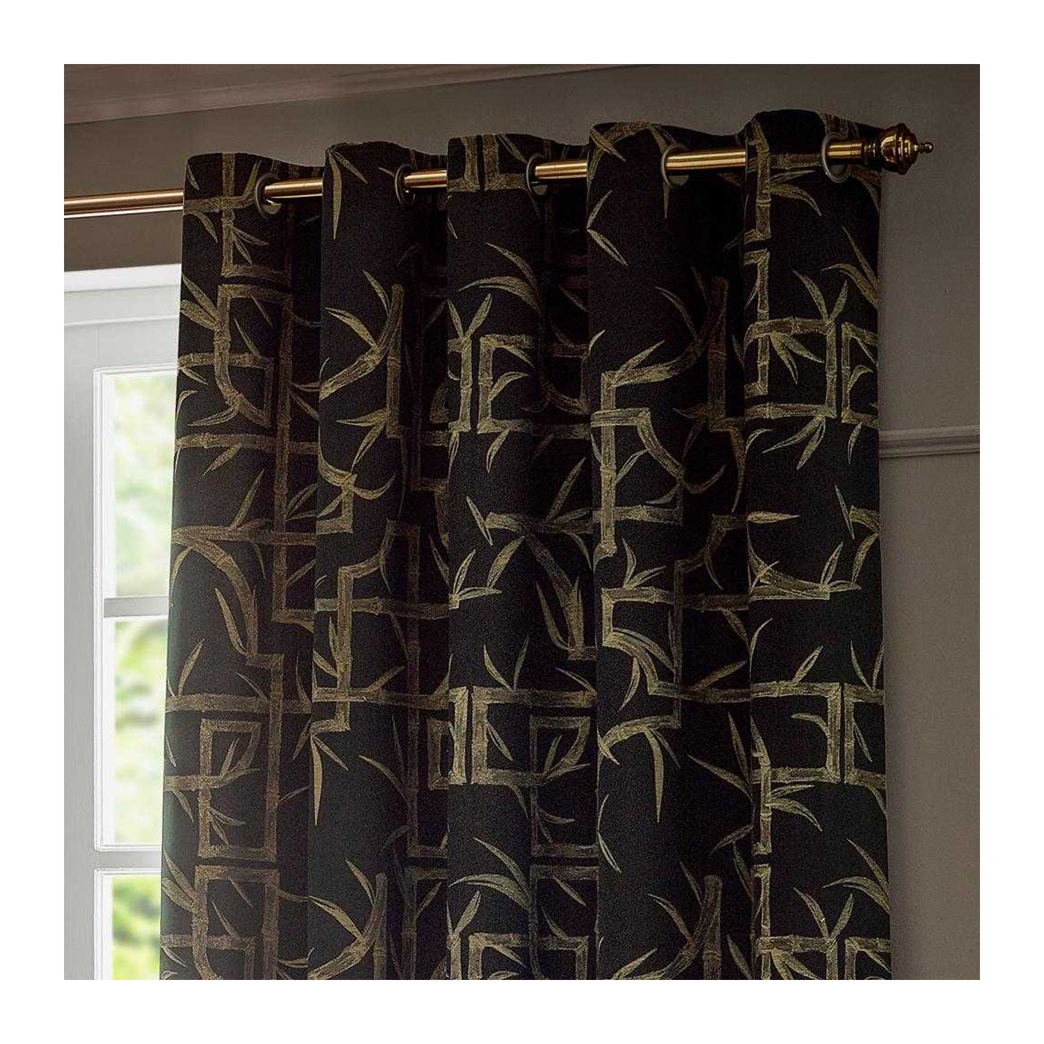Black - Back - Paoletti Jacquard Bamboo Print Eyelet Curtains