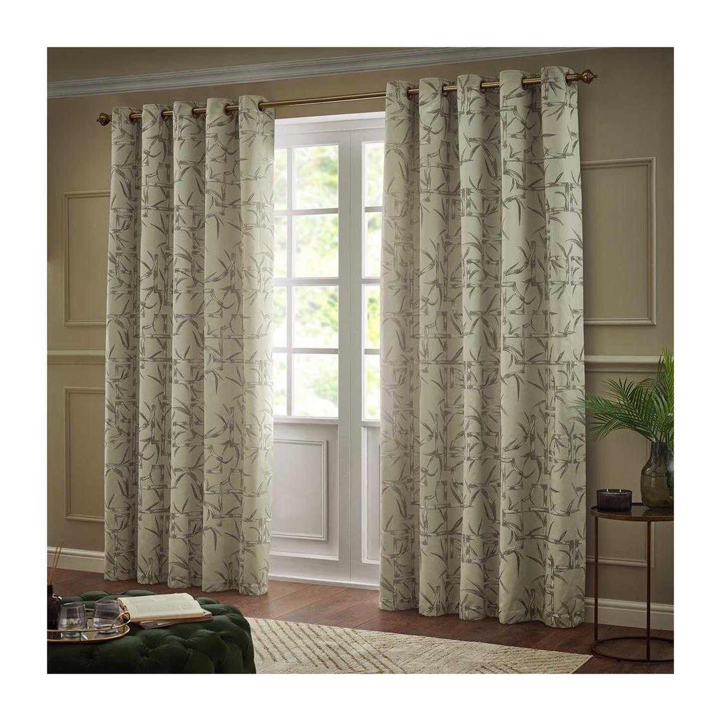 Champagne - Front - Paoletti Jacquard Bamboo Print Eyelet Curtains
