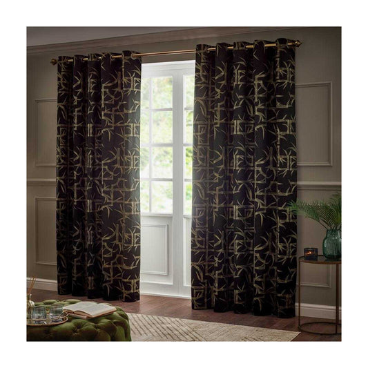 Black - Front - Paoletti Jacquard Bamboo Print Eyelet Curtains