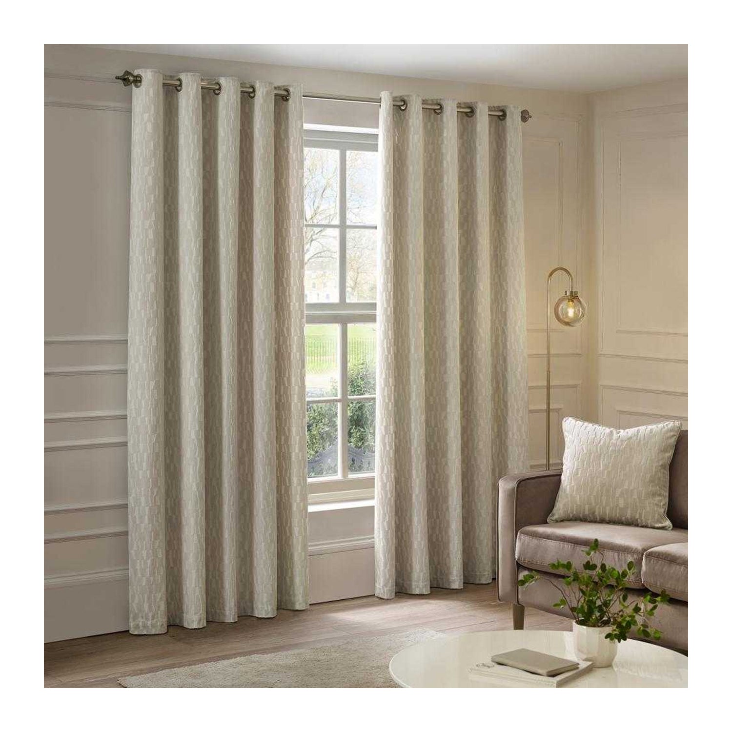 Ivory - Front - Paoletti Manhattan Velvet Eyelet Curtains