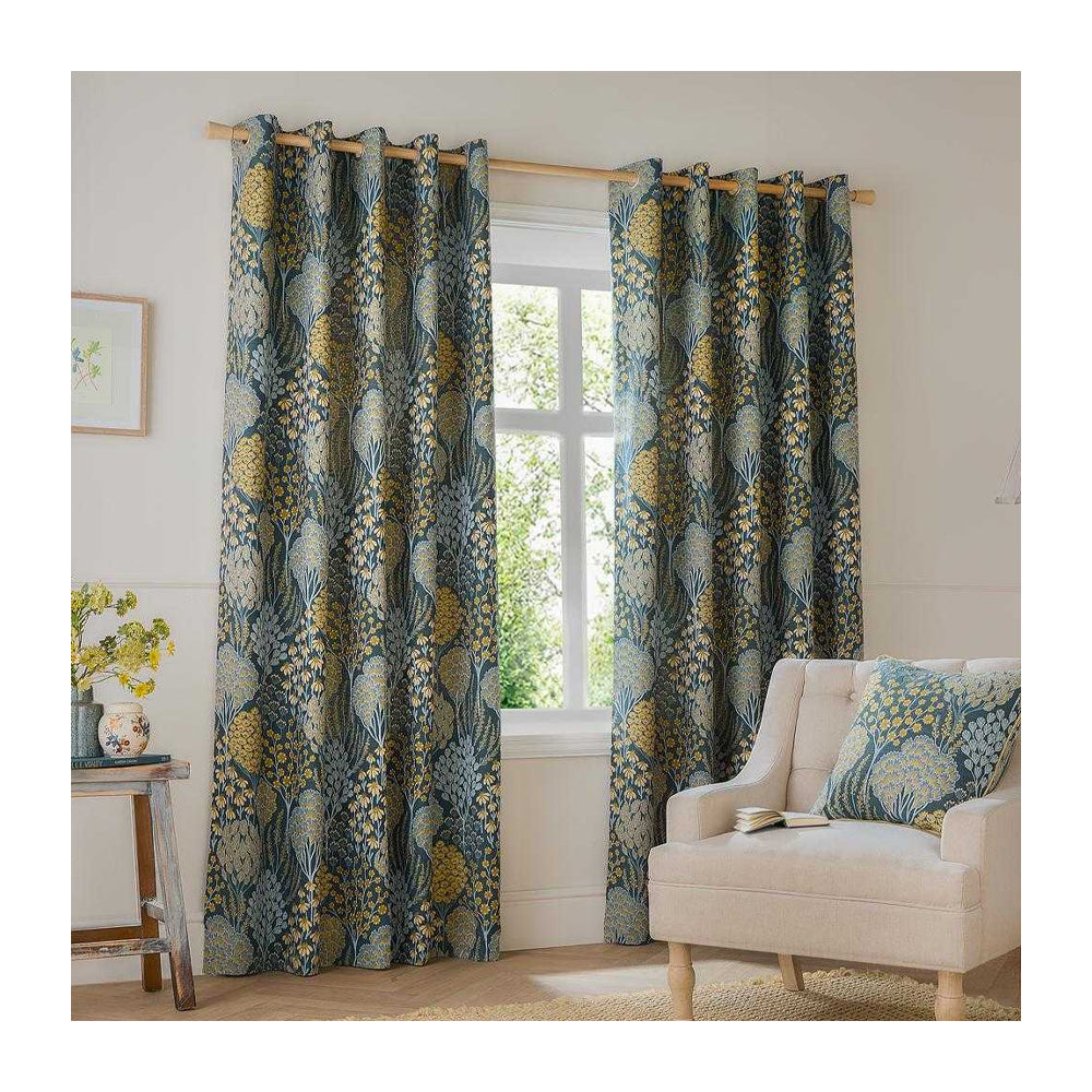 Blue-Saffron - Side - Wylder Ophelia Jacquard Floral Eyelet Curtains
