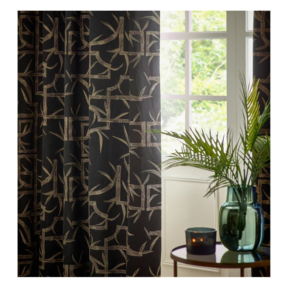 Black - Back - Paoletti Jacquard Bamboo Print Eyelet Curtains