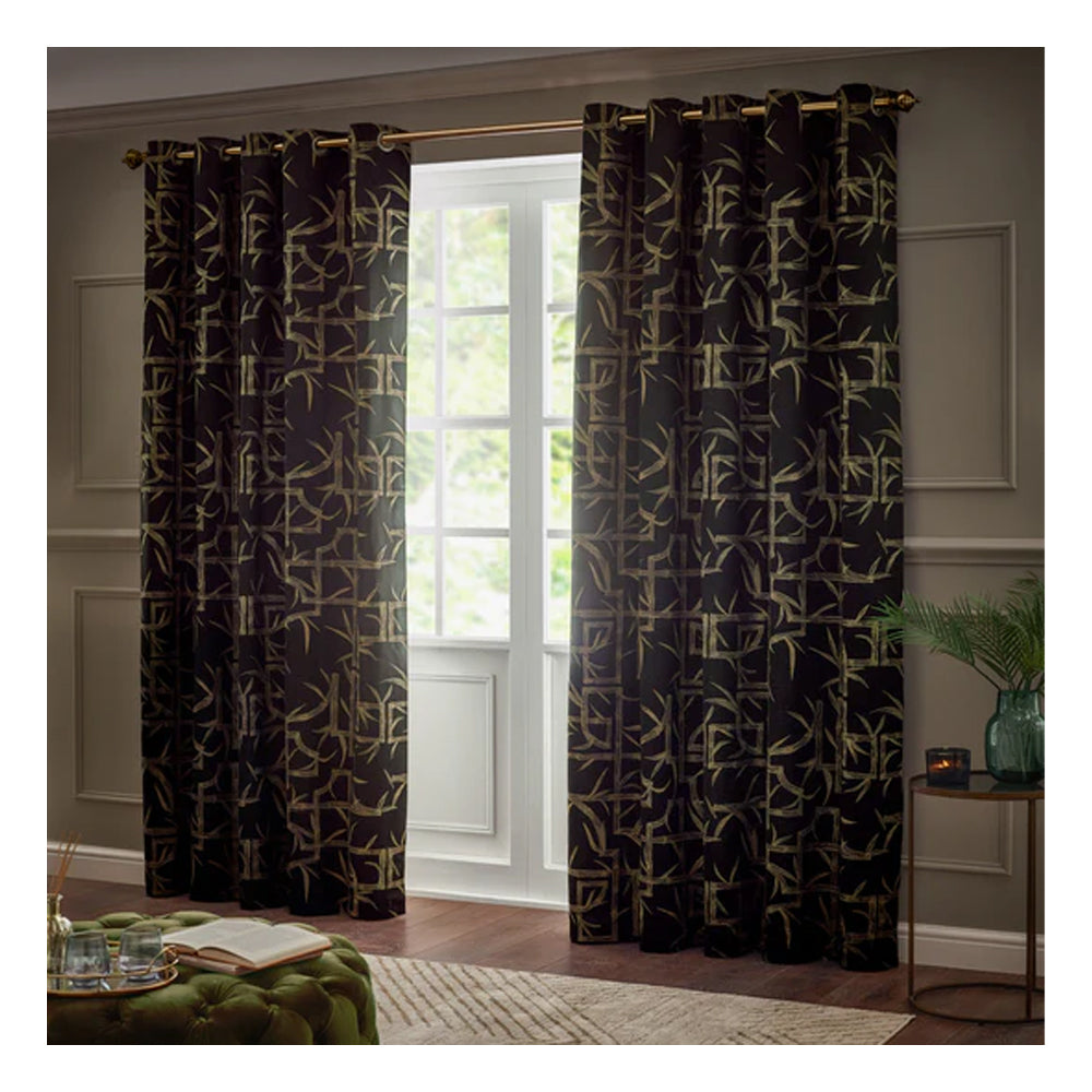 Black - Lifestyle - Paoletti Jacquard Bamboo Print Eyelet Curtains