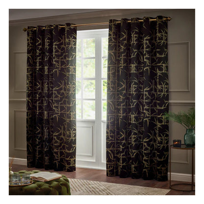 Black - Lifestyle - Paoletti Jacquard Bamboo Print Eyelet Curtains