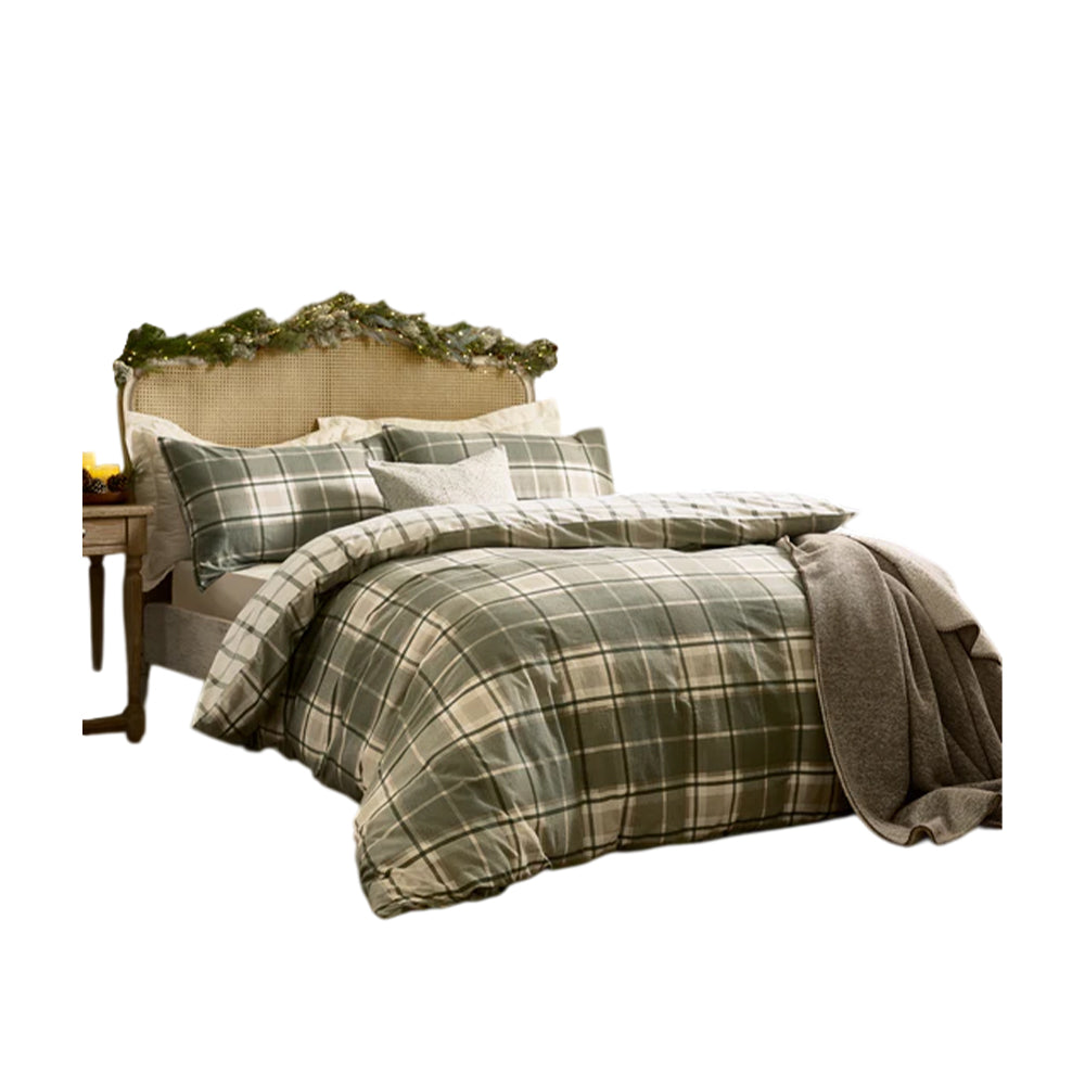 Green-Natural - Front - Wylder Braemar Brushed Checked Reversible Duvet Cover Set