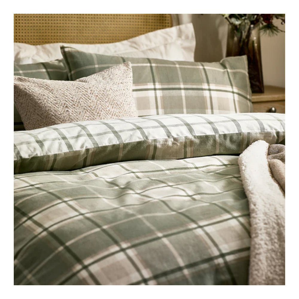 Green-Natural - Back - Wylder Braemar Brushed Checked Reversible Duvet Cover Set