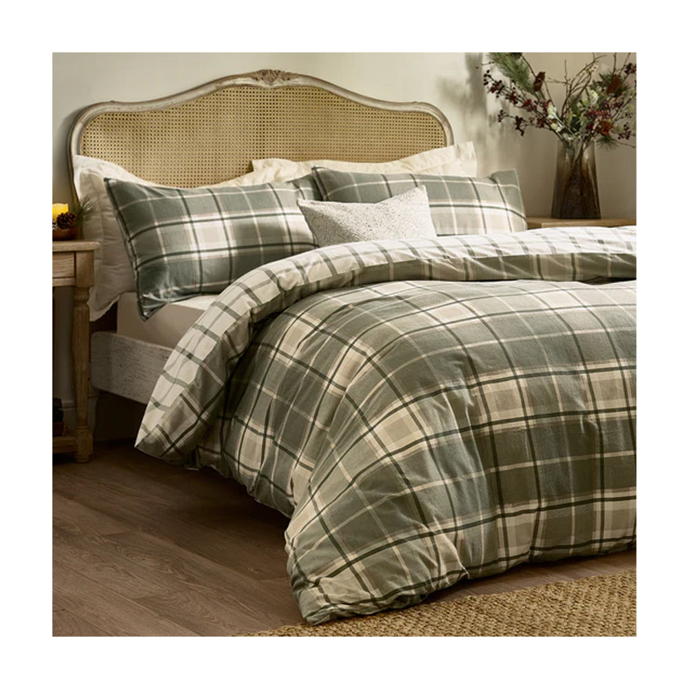 Green-Natural - Side - Wylder Braemar Brushed Checked Reversible Duvet Cover Set