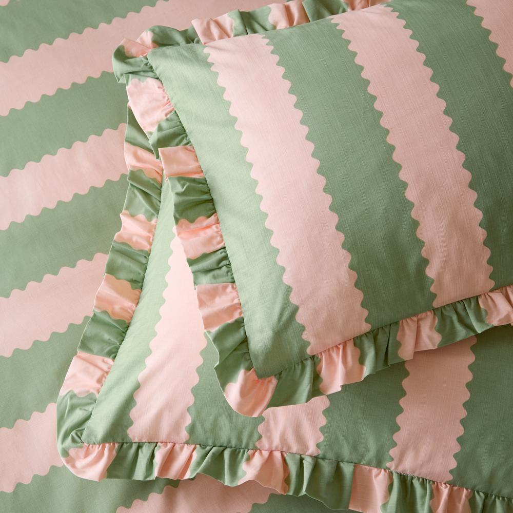 Pink-Green - Front - Wylder Birdie Ruffles Striped Pillowcase