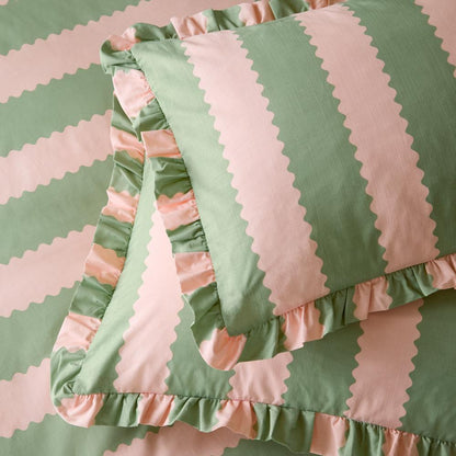 Pink-Green - Front - Wylder Birdie Ruffles Striped Pillowcase