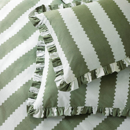 Bay Green-Mist - Front - Wylder Birdie Ruffles Striped Pillowcase