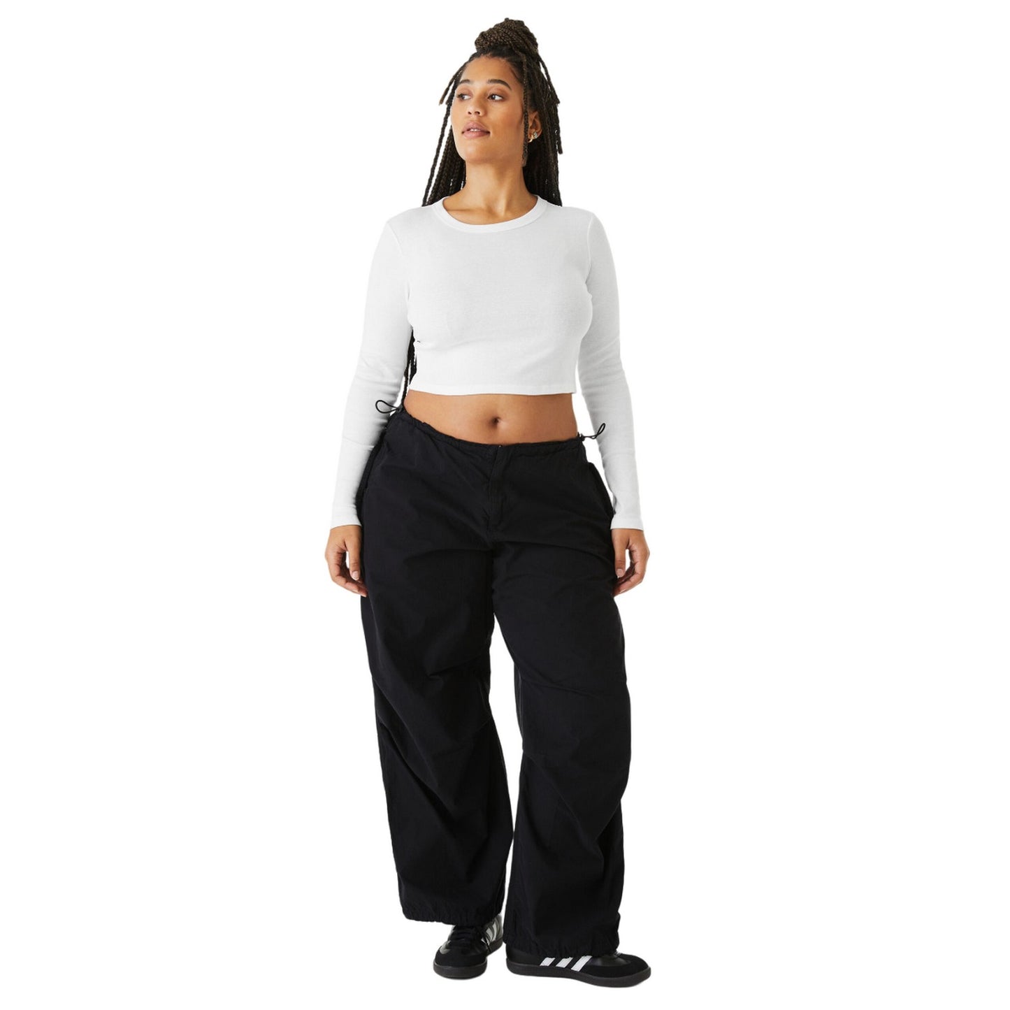 Solid White - Side - Bella + Canvas Womens-Ladies Plain Micro-Rib Long-Sleeved Crop Top