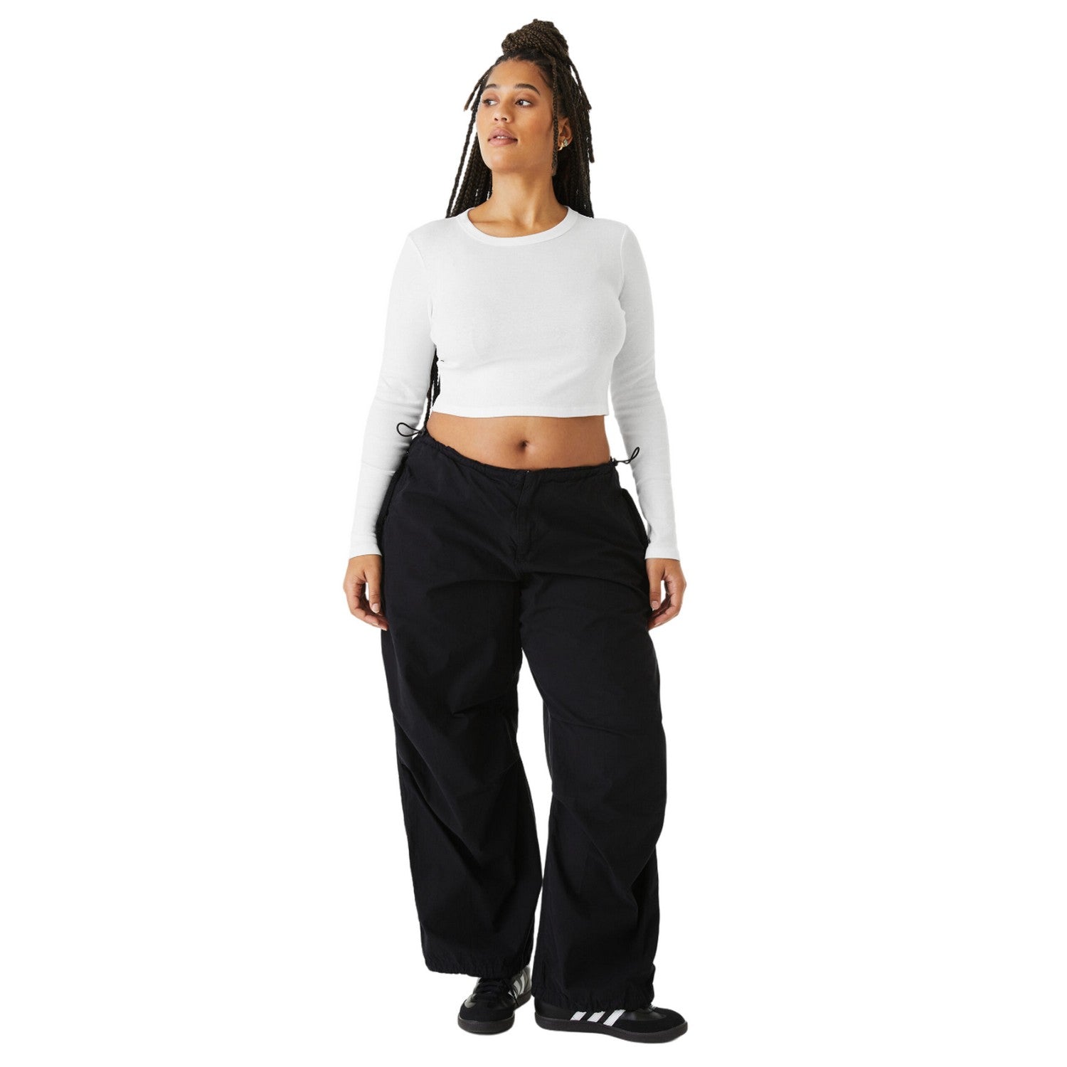 Solid White - Side - Bella + Canvas Womens-Ladies Plain Micro-Rib Long-Sleeved Crop Top
