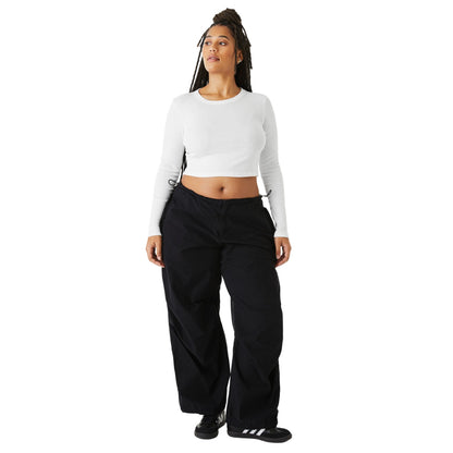 Solid White - Side - Bella + Canvas Womens-Ladies Plain Micro-Rib Long-Sleeved Crop Top