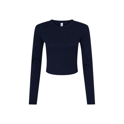 Solid Navy - Front - Bella + Canvas Womens-Ladies Plain Micro-Rib Long-Sleeved Crop Top