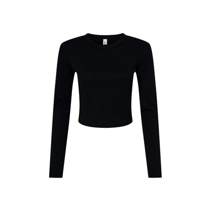 Solid Black - Front - Bella + Canvas Womens-Ladies Plain Micro-Rib Long-Sleeved Crop Top