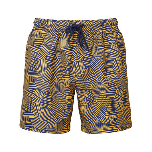 Navy-Mustard - Front - Wombat Mens Patterned Swim Shorts