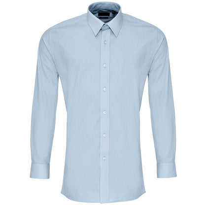 Light Blue - Front - Premier Mens Colours Poplin Fitted Long-Sleeved Shirt