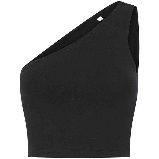 Black - Front - SF Womens-Ladies One Shoulder Crop Top
