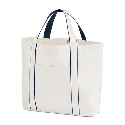Soft White-French Navy - Front - Westford Mill Courtside Medium Tote Bag