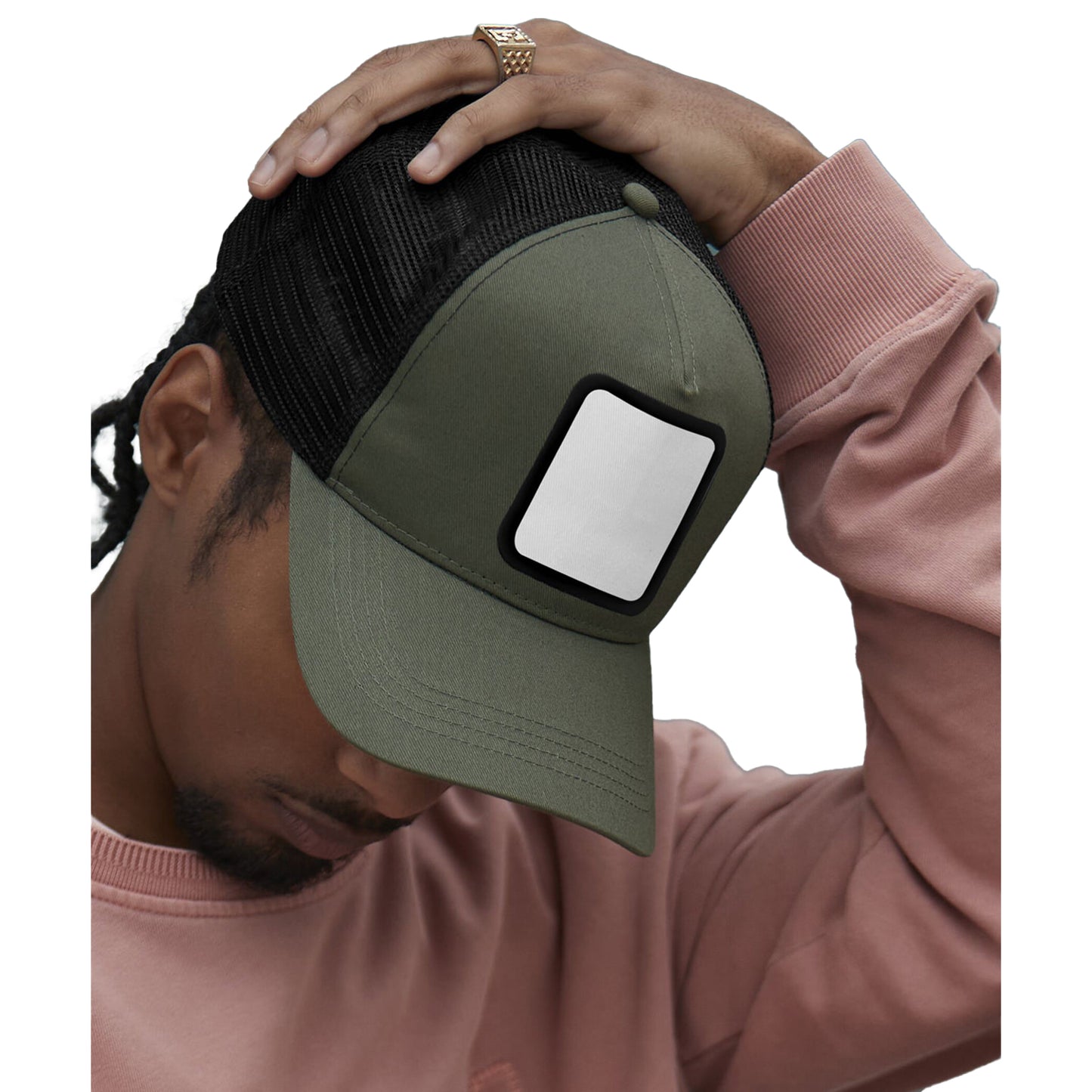 Olive Green-Black - Side - Beechfield Unisex Adult Appliqué 5 Panel Trucker Cap