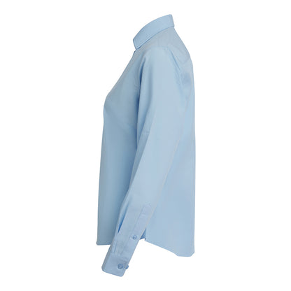 Blue - Side - Henbury Womens-Ladies Cotton Feel CoolPlus Long-Sleeved Shirt
