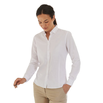 White - Back - Henbury Womens-Ladies Cotton Feel CoolPlus Long-Sleeved Shirt