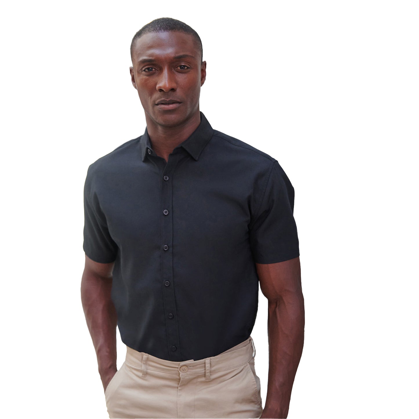 Black - Pack Shot - Henbury Mens Cotton Feel CoolPlus Short-Sleeved Shirt