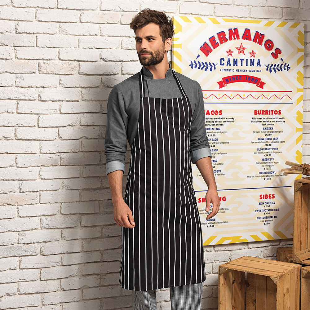 Navy-White - Side - Premier Ladies-Womens Stripe Apron - Workwear (Butchers Style)