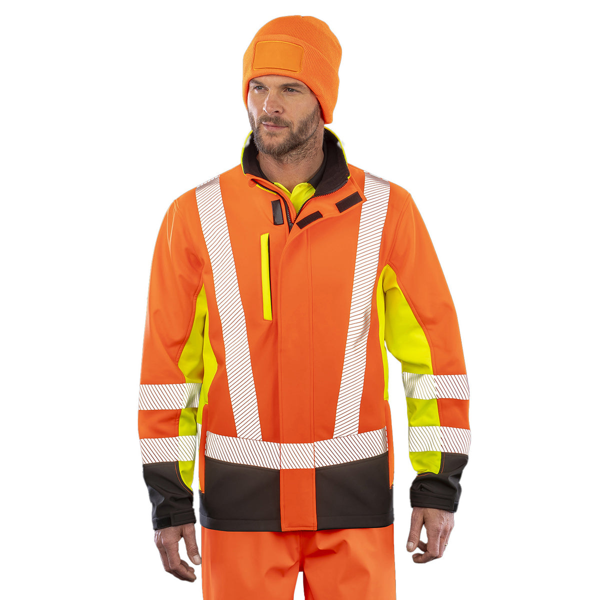 Fluorescent Yellow-Fluorescent Orange-Black - Side - Result Genuine Recycled Mens 3 Tone 3 Layer Safety Soft Shell Jacket