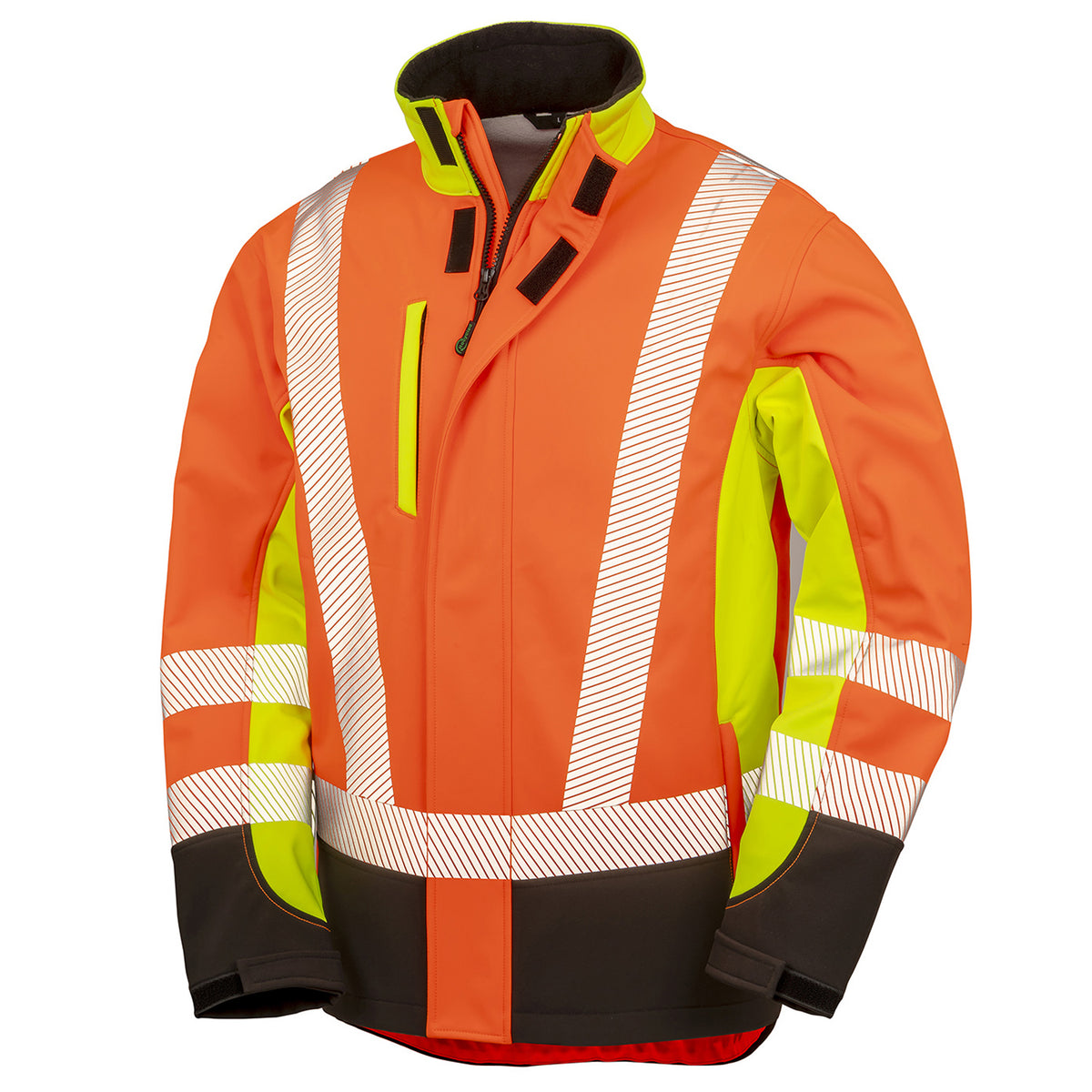 Fluorescent Yellow-Fluorescent Orange-Black - Front - Result Genuine Recycled Mens 3 Tone 3 Layer Safety Soft Shell Jacket