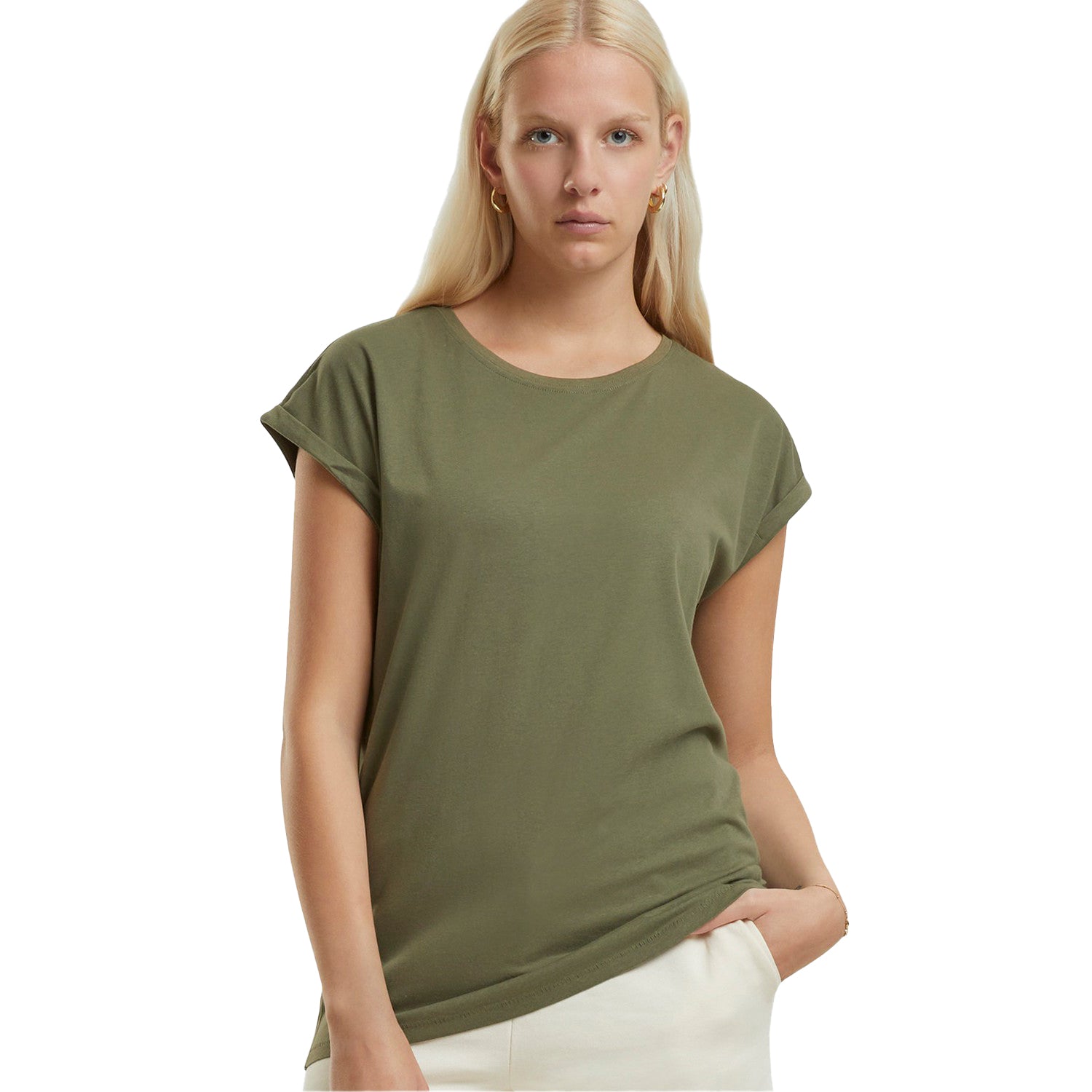 Pale Olive - Side - New Morning Studios Womens-Ladies Extended Shoulder Regular T-Shirt