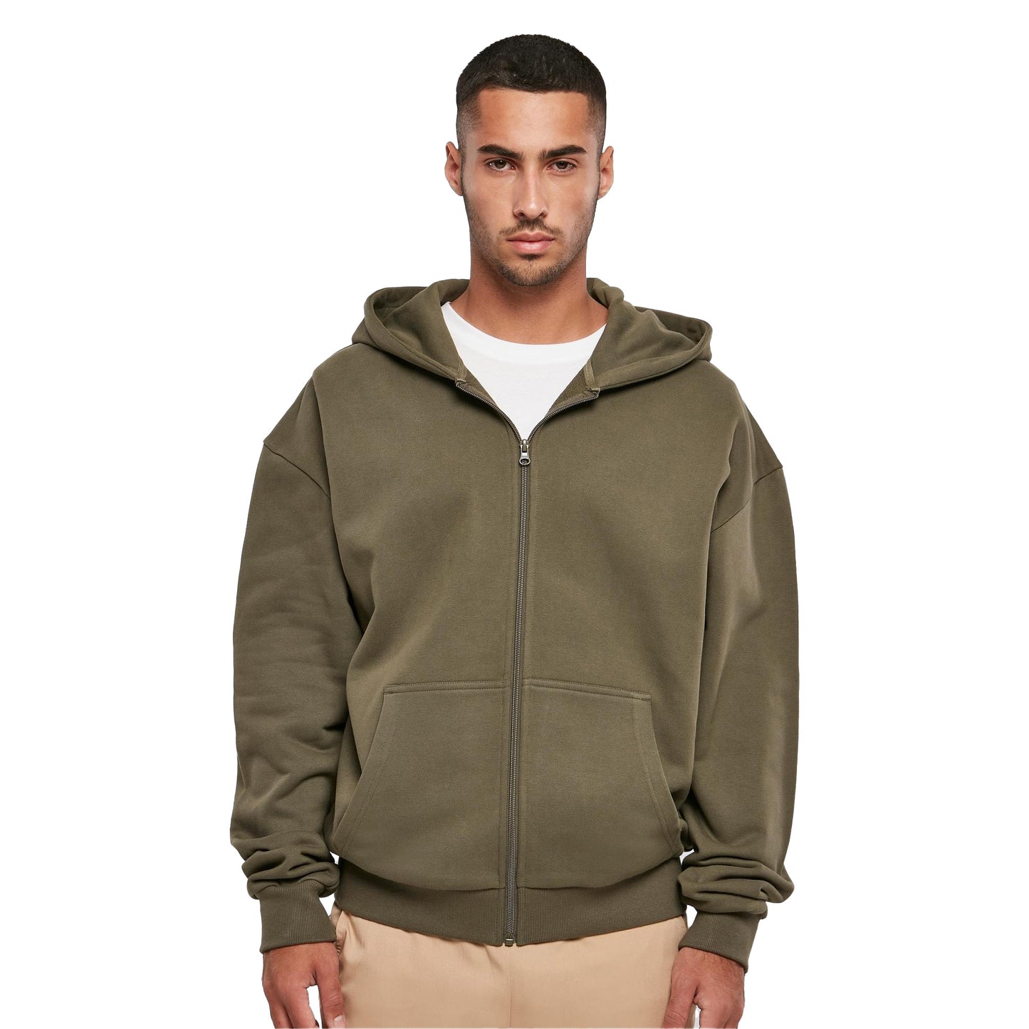 Olive - Side - Build Your Brand Mens Vintage Heavyweight Full Zip Hoodie