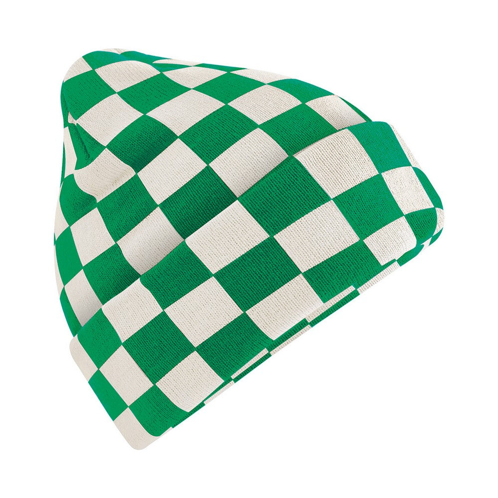 Kelly Green-Off White - Front - Beechfield Checkerboard Beanie