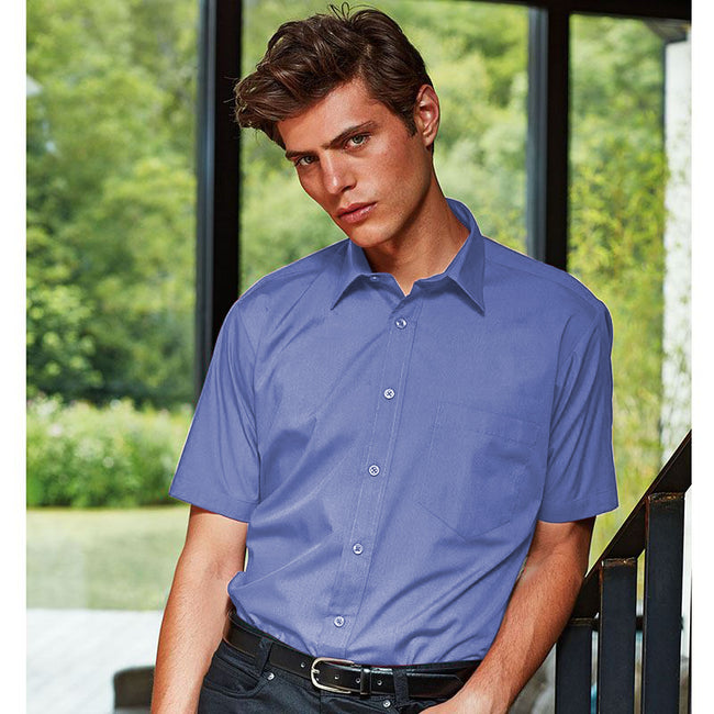 Mid Blue - Back - Premier Mens Short Sleeve Formal Poplin Plain Work Shirt