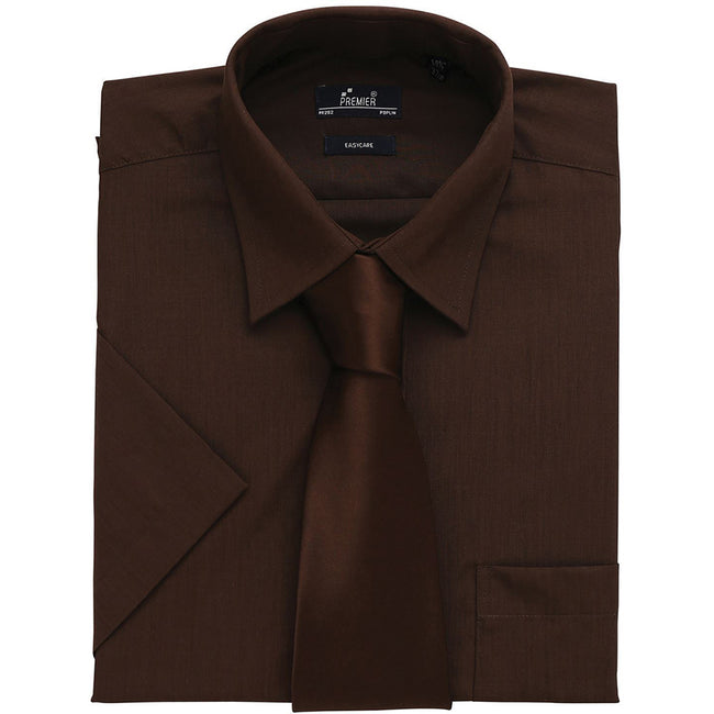 Brown - Back - Premier Mens Short Sleeve Formal Poplin Plain Work Shirt