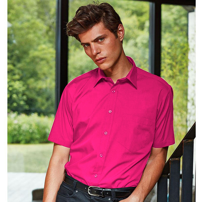 Hot Pink - Back - Premier Mens Short Sleeve Formal Poplin Plain Work Shirt