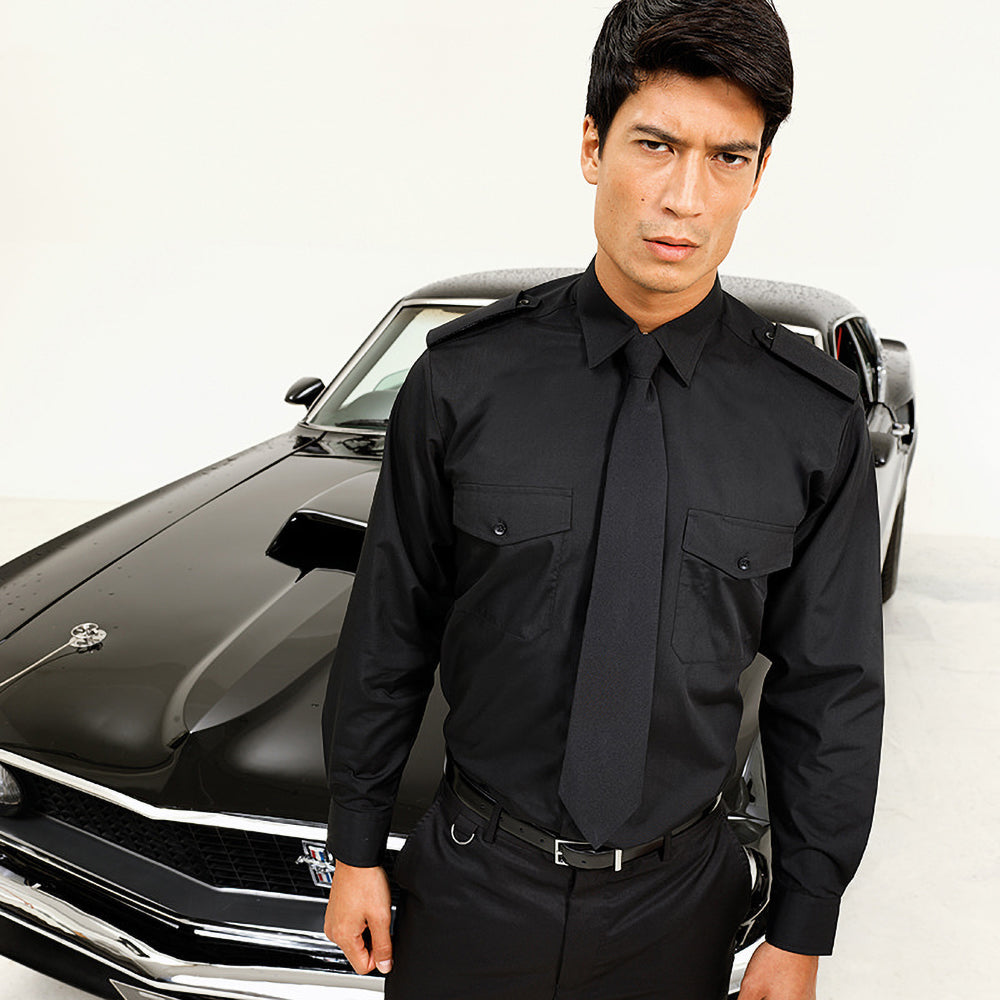 Black - Back - Premier Mens Long Sleeve Pilot Plain Work Shirt