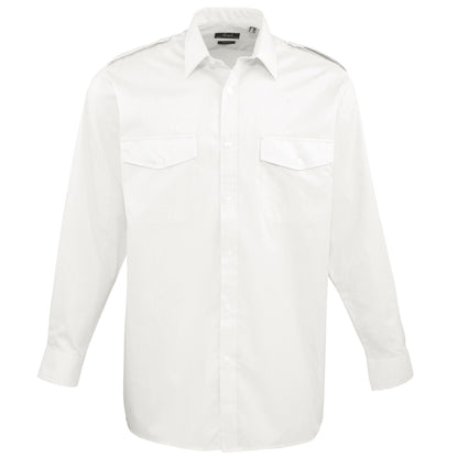 White - Front - Premier Mens Long Sleeve Pilot Plain Work Shirt