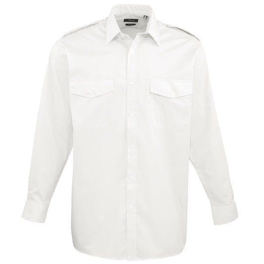 White - Front - Premier Mens Long Sleeve Pilot Plain Work Shirt