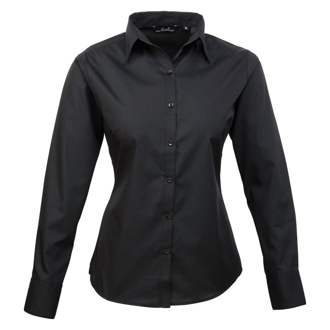 Black - Front - Premier Womens-Ladies Poplin Long-Sleeved Blouse